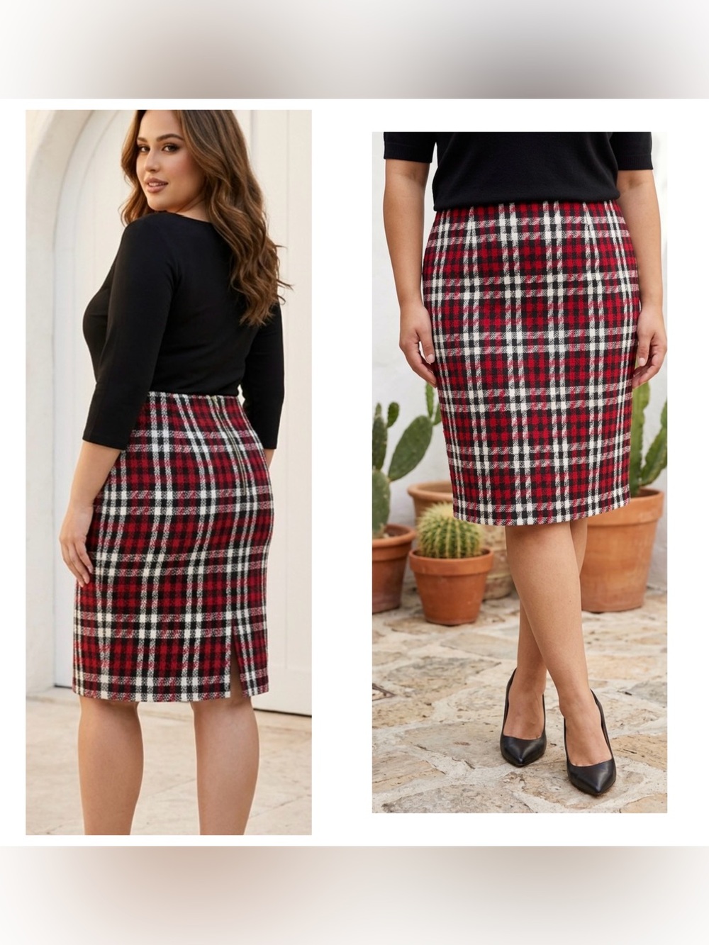 Talbots Women Sz 14W Red and Black Plaid Wool-Blend festival Pencil Skirt: